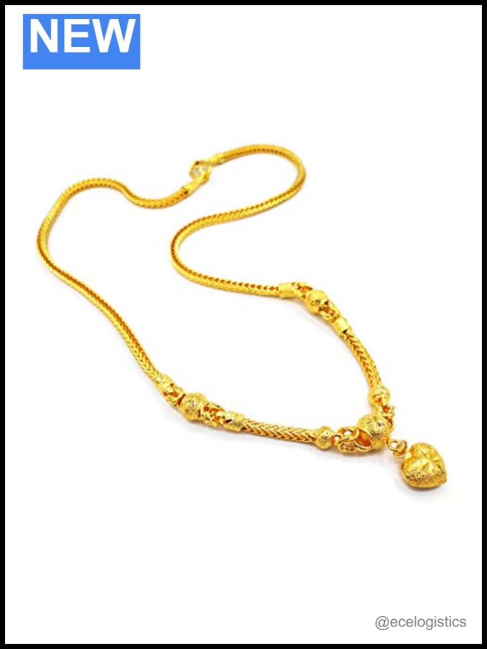 Thai Baht 24k Yellow Gold Plated Filled Heart Necklace 20" Chain